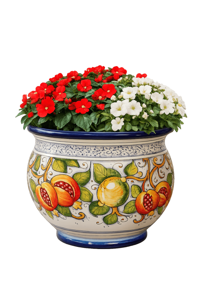 Pot en céramique toscan crème décoré de citrons et grenades peints à la main